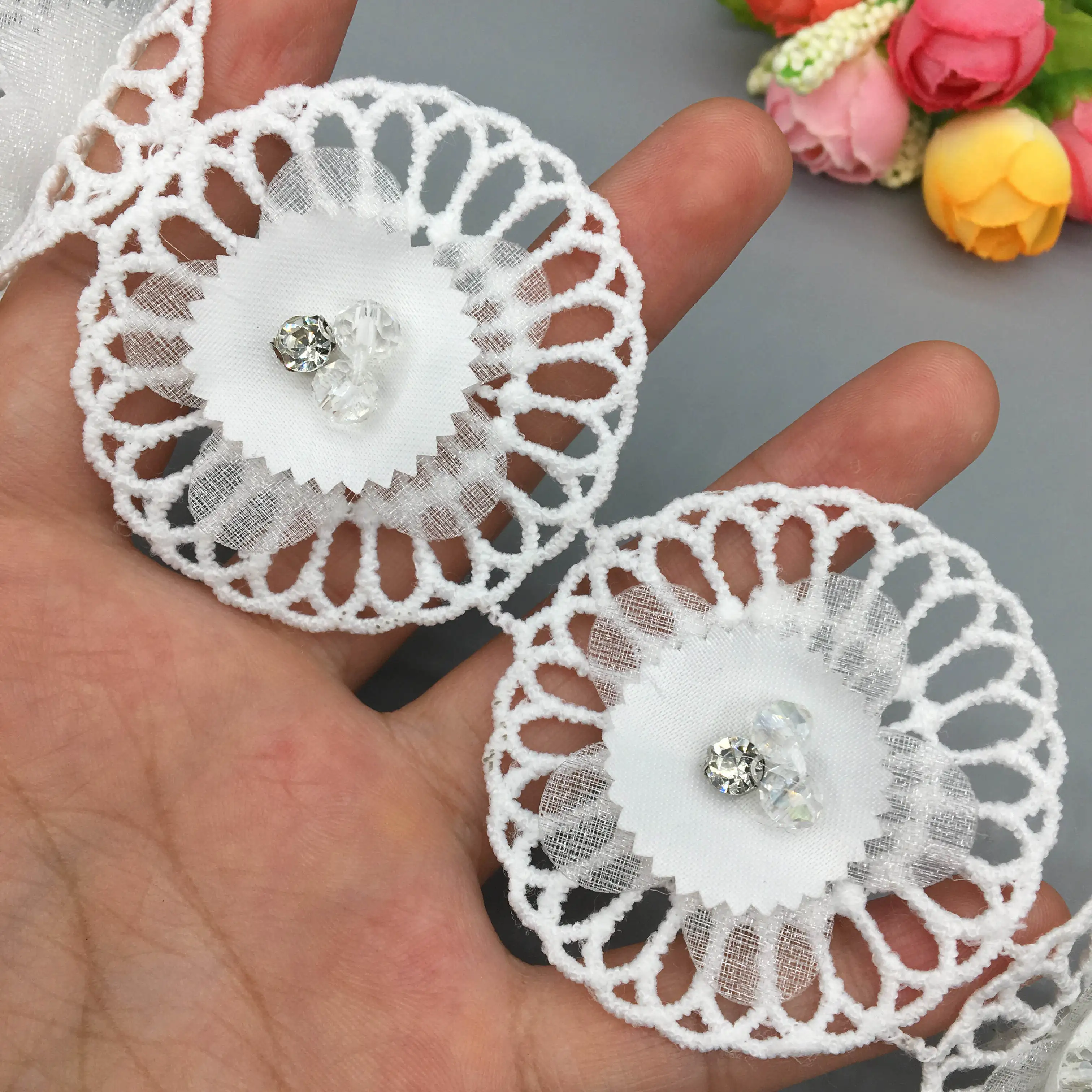 10x Французский кружево ткань хлопок 3D алмаз с цветочной вышивкой кружевной