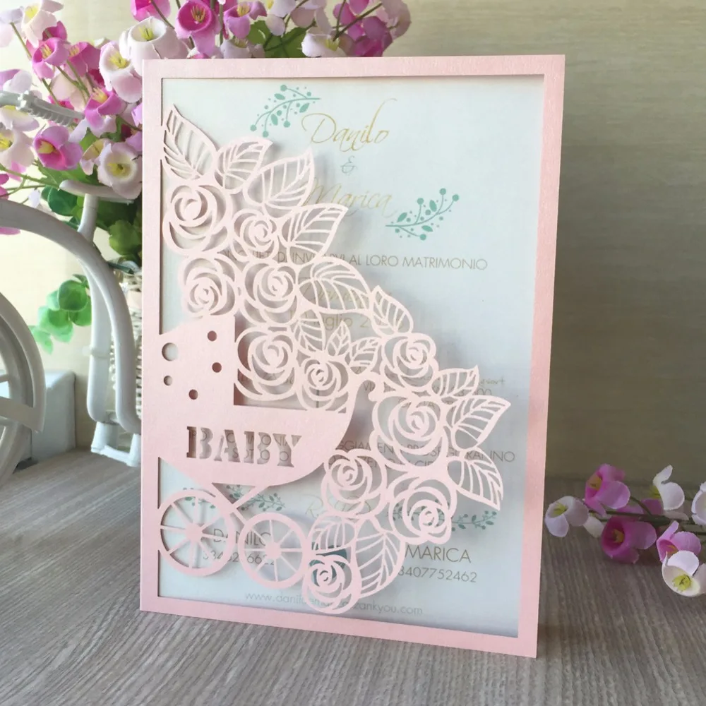 

20pcs Pink Baby Shower Decoration Invitation Postcard Greeting Gift Cards Pearl Shiny paper Gender Reveal Party Invitation cards