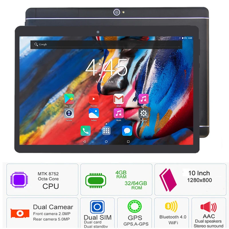 Новинка, ОС Android 8,0, 10 дюймов, планшетный ПК, четыре ядра, 4 Гб ОЗУ, 64 Гб ПЗУ, 8 ядер, 1280*800, ips экран, планшеты, 10,1 подарки
