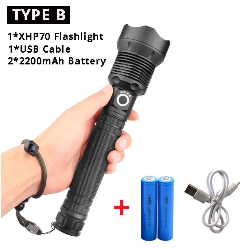 with battery Мощный 40000LM светодиодный фонарь, Перезаряжаемый USB фонарик XHP70, 40 Вт, масштабируемый, тактический фонарь для защиты, для кемпинга - Испускаемый цвет: with battery