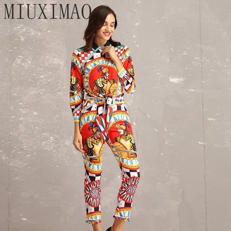 

High Quality 2019 Spring Runway Newest Casual Sheath Full Sleeve Silm Sashes and Chrarcter Print 2 piece set women jumpsuit