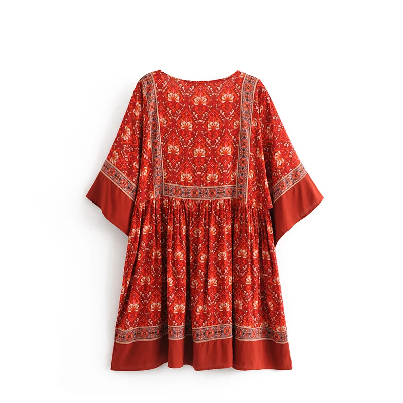 NSZ для женщин красный принт плиссированные Boho платье повседневное Свободные