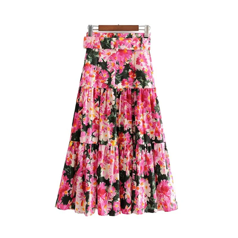 Boho kawaii Цветочная сексуальная юбка миди Женская шикарная летняя юбка с поясом уличная Женская Повседневная Корейская одежда faldas mujer moda