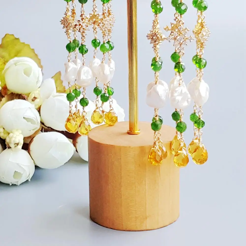 

Lii Ji Real Diopside Baroque Pearl Yellow Crystal Gold Filled Chinese Traditional Handmade Earrings