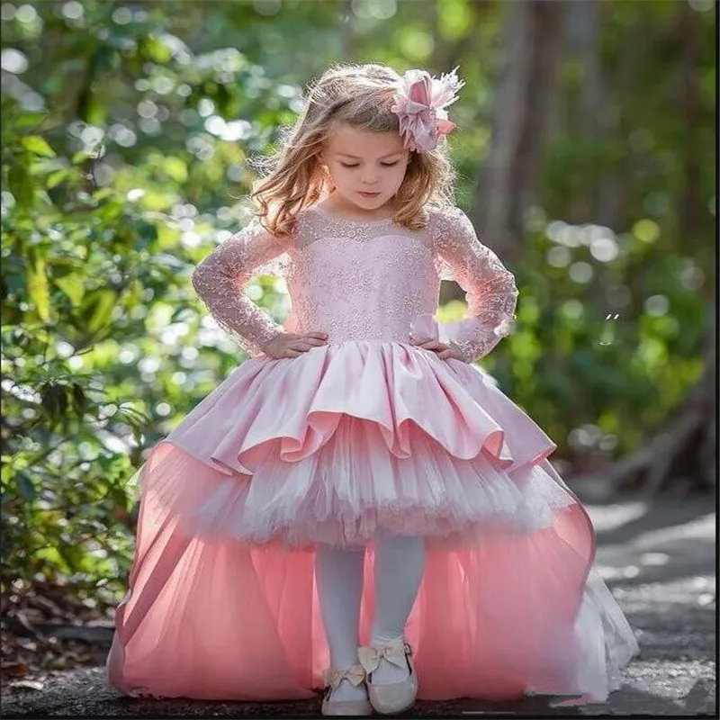 

High Low Pink Flower Girls Dresses For Wedding with Bow Long Sleeve Girls Birthday Party Dress First Communion