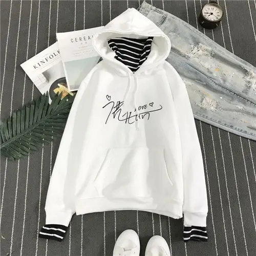 Kpop exo harajuku полосатый воротник свободные поддельные два плюс бархат пуловер с капюшоном женский корейский студенческий k-pop exo осень зима - Цвет: 8