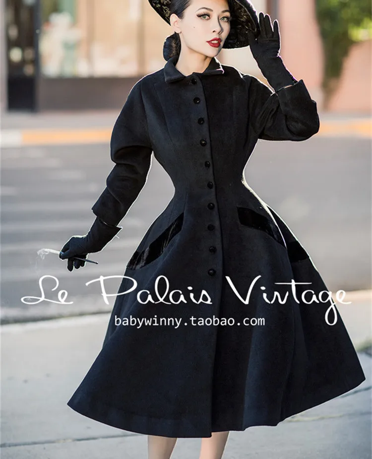 Женское шерстяное пальто винтажное длинное черное размера плюс 50s Одри Хепберн