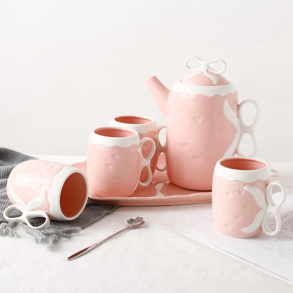 Японский стиль бантик Creamic Teaware наборы Китай керамический чайник чашки набор домашний чайник наборы холодной воды чашки с поддоном