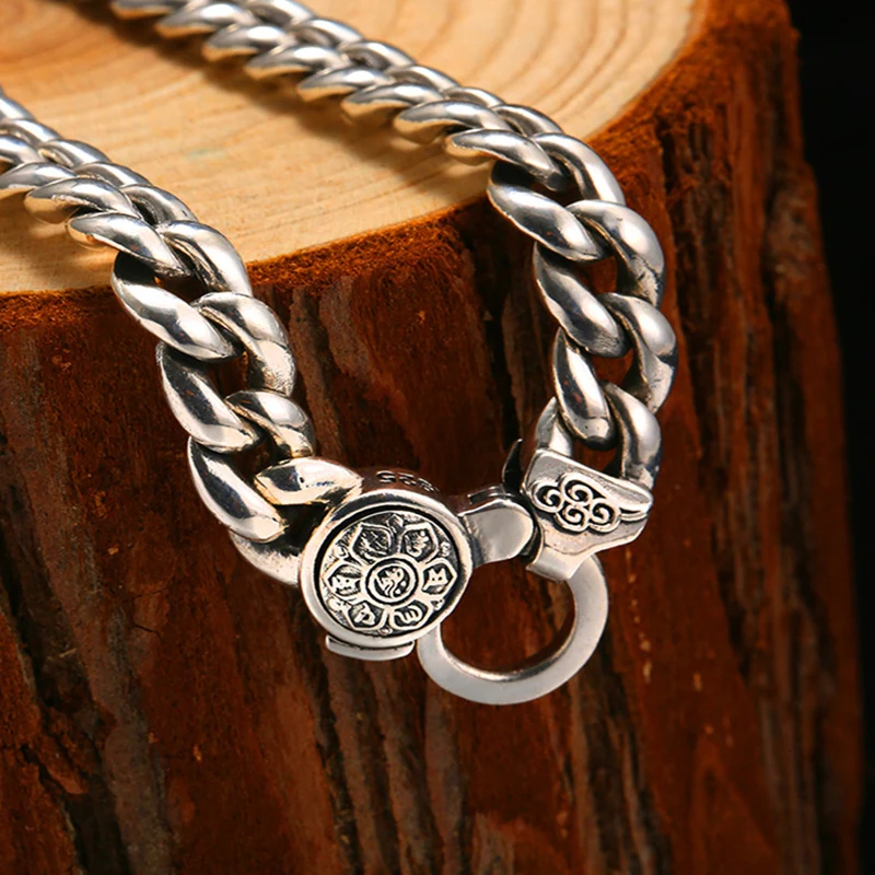 ZABRA Religion Solid 925 Sterling Silver Necklace Men Buddhism Mantra High Polished Long Chain Punk Retro Style Biker Jewelry