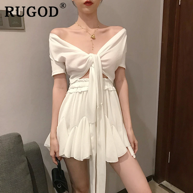 Женский костюм с юбкой RUGOD белый со шнуровкой и оборками в Корейском стиле летняя