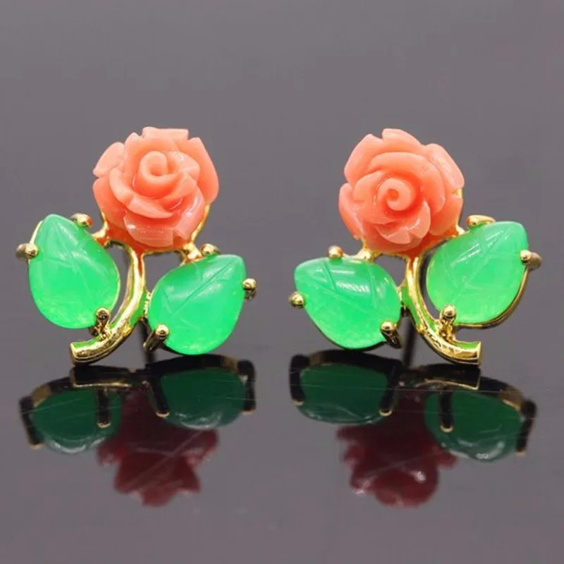 Женские серьги гвоздики JINYAO из чистого золота с зеленым камнем и коралловым