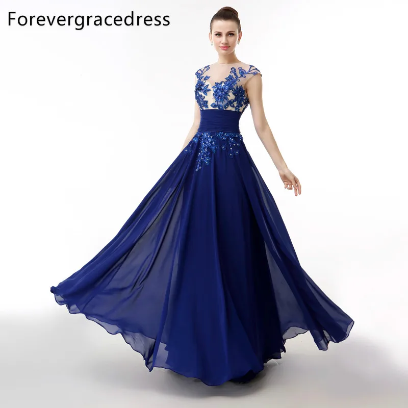 Forevergracedress Реальный образец Royal Blue вечернее платье Линия Кепки рукава Длинные