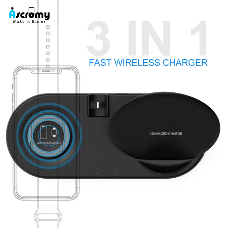 Беспроводная зарядная подставка Ascromy 3в1 10 Вт для Apple Watch 4 3 2 Airpods iPhone X XS Max XR 8 Plus QI