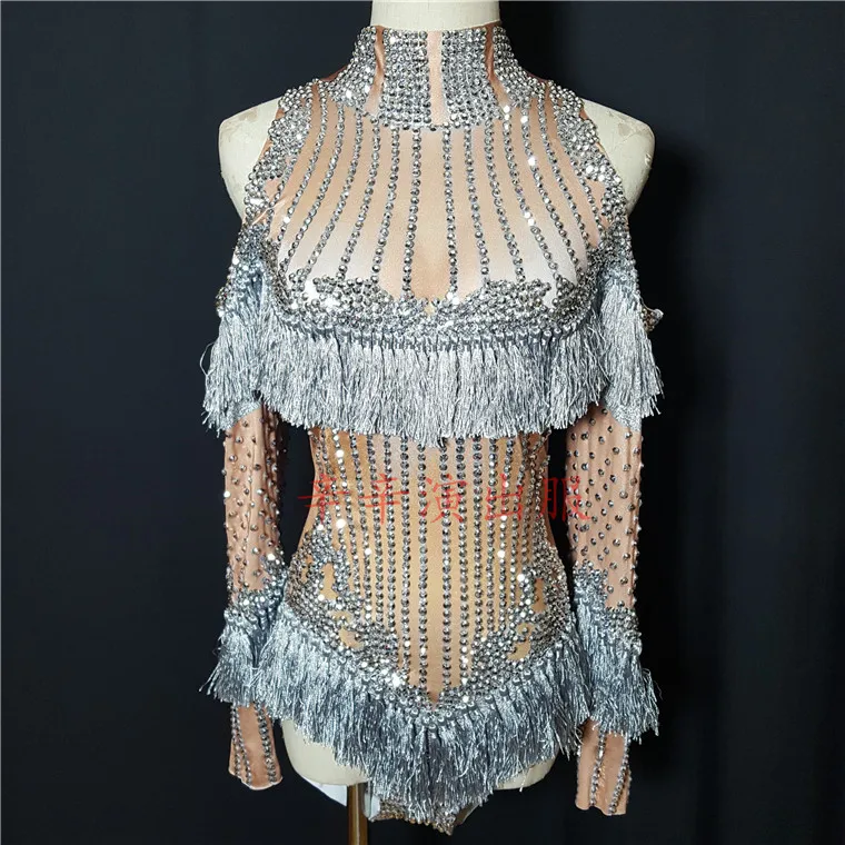 

Ds Dress Luxury Sparkly Crystals Tassel Bodysuit Costume Celebrate Rhinestones Birthday Silver Diamonds Leotard Sexy Nightclub