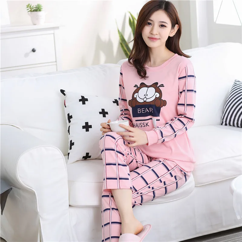 Женская Хлопковая пижама в полоску с длинным рукавом|womens pajamas set|sleepwear cartoonpajama sets |