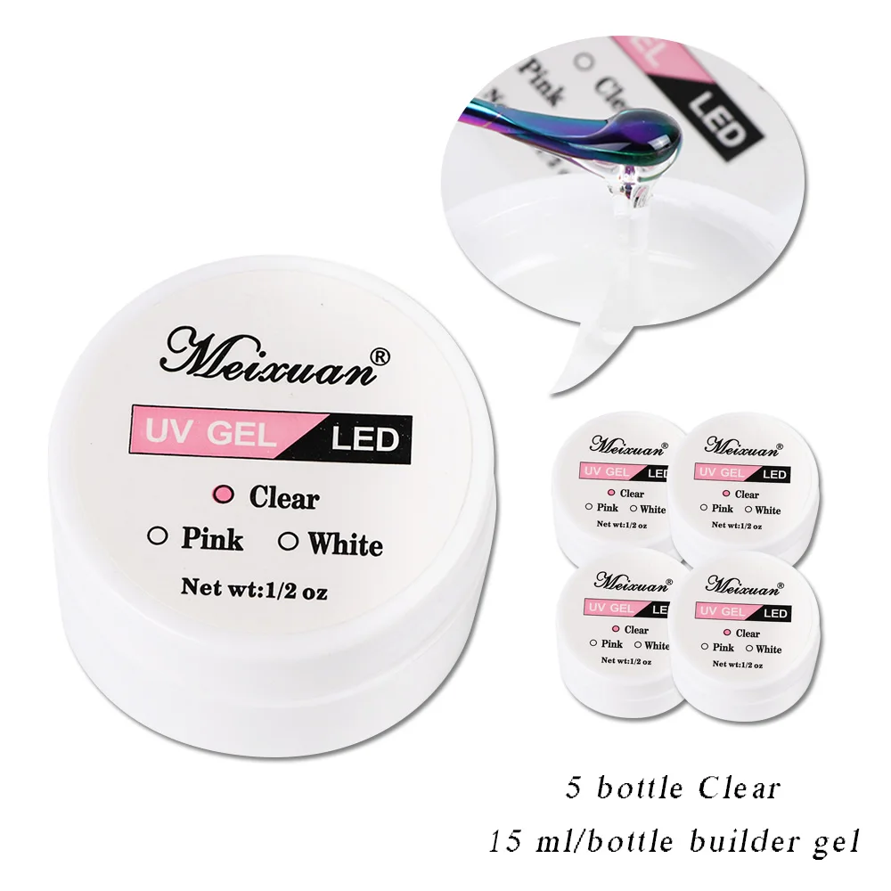 5pcs Clear 5 шт., 15 мл, прозрачный УФ светодиодный гель для наращивания ногтей с кристаллами, французский гель для наращивания ногтей, белый розовый прозрачный лак, маникюрный набор, LA719-1 - Цвет: 5pcs Clear