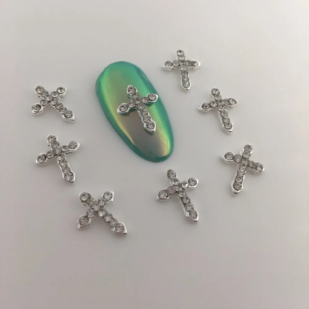 

LEAMX 10pcs Silver Glitter 3d Cross Nail Art Decorations with Rhinestones, Alloy Nail Charms Jewelry for Nail Tools Suppliers