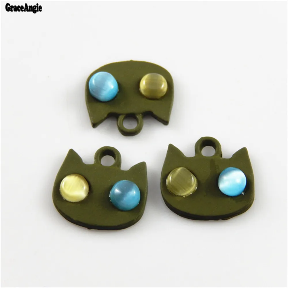 GraceAngie10pcs Army Green Cat Insert Imitation Diamond Accessory Suspension Jewelry Making Bracelet Pendant Charms Craft 52697 | Украшения