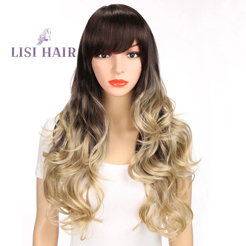 LISI HAIR 2" Высокая температура волокна челка парик Волнистые длинные волосы парики синтетические парики для женщин темно-коричневый смешанный блонд