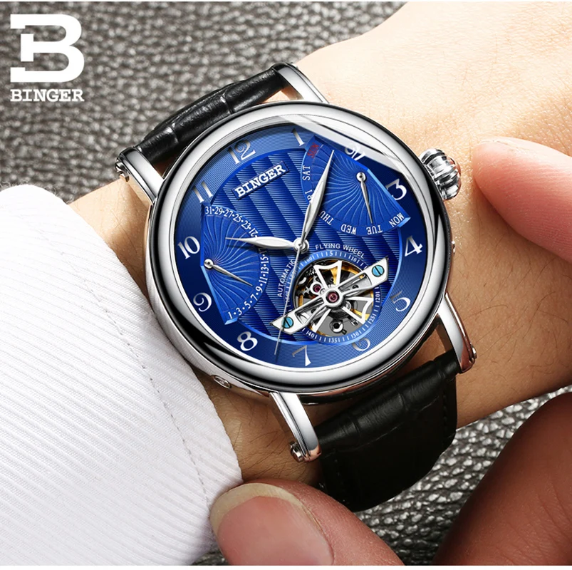 Мужские автоматические механические часы бингера роскошные с сапфировым