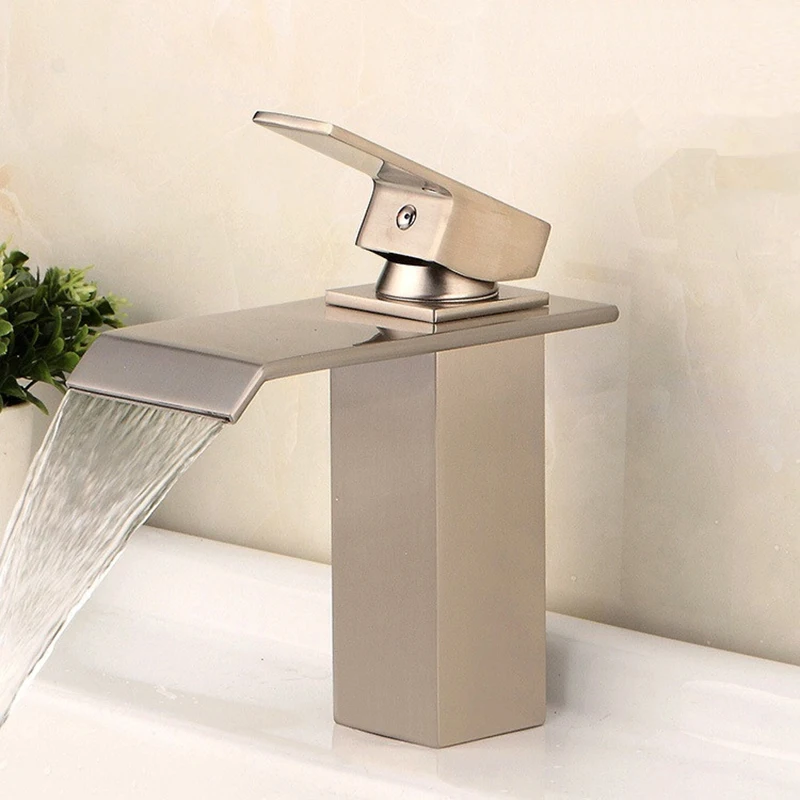 MTTUZK brass brushed nickel/chrome waterfall faucet bathroom single handle Square bath washbasin cold and hot mixer taps | Обустройство