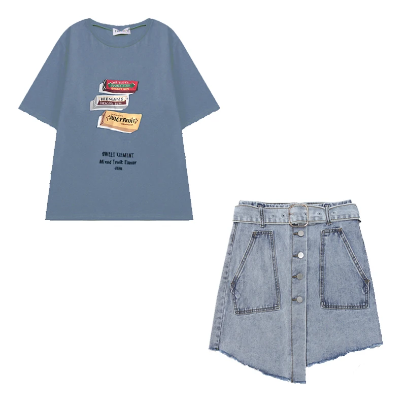 2019 new fashion women's two piece set Short Sleeve Tops Snacks Cartoon Print T-Shirt + Pack Hip Skirt Two-Piece Set | Женская