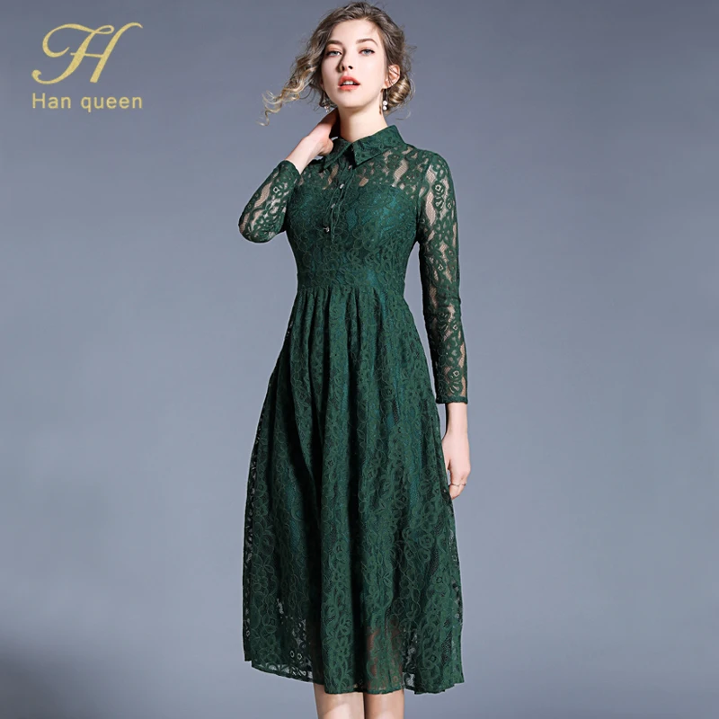 GREEN H Han queen, новинка, летнее кружевное платье для вечеринки, женское, тонкое, сексуальное, открытое, Vestidos, элегантное, для работы, повседневное, большое, свободное, винтажное, длинное платье - Цвет: GREEN