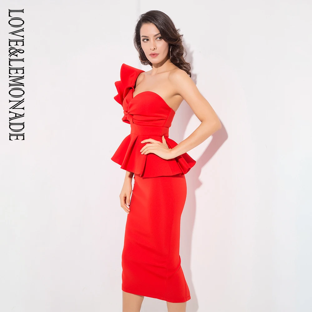 Женский костюм двойка LOVE & LEMONADE красный облегающий на одно плечо с оборками