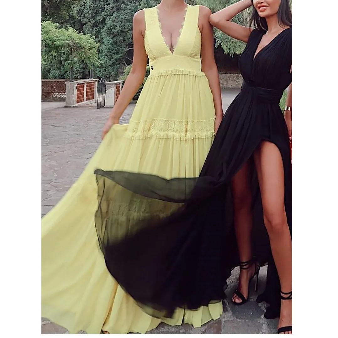 Женское платье с v-образным вырезом и высокой талией кружевное в стиле пэчворк