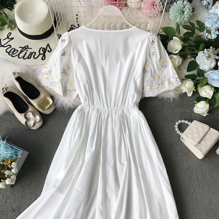 ALPHALMODA, новинка, платье с цветочной вышивкой для морского отдыха, квадратный воротник, расклешенный рукав, платье, тайское, аккуратное, до середины икры, Vestidos