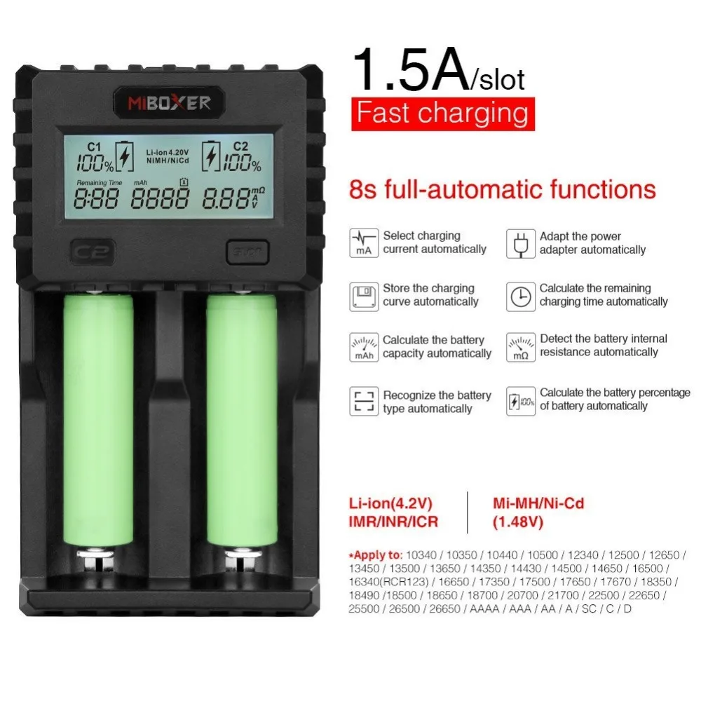 Miboxer C2 3000 Батарея Зарядное устройство 2-слот ЖК-дисплей Экран 1.5A/слот с американского стандарта Зарядное устройство кабель для литий-ионный Тип/IMR/INR/ICR/Ni-MH/Ni-Cd 18650