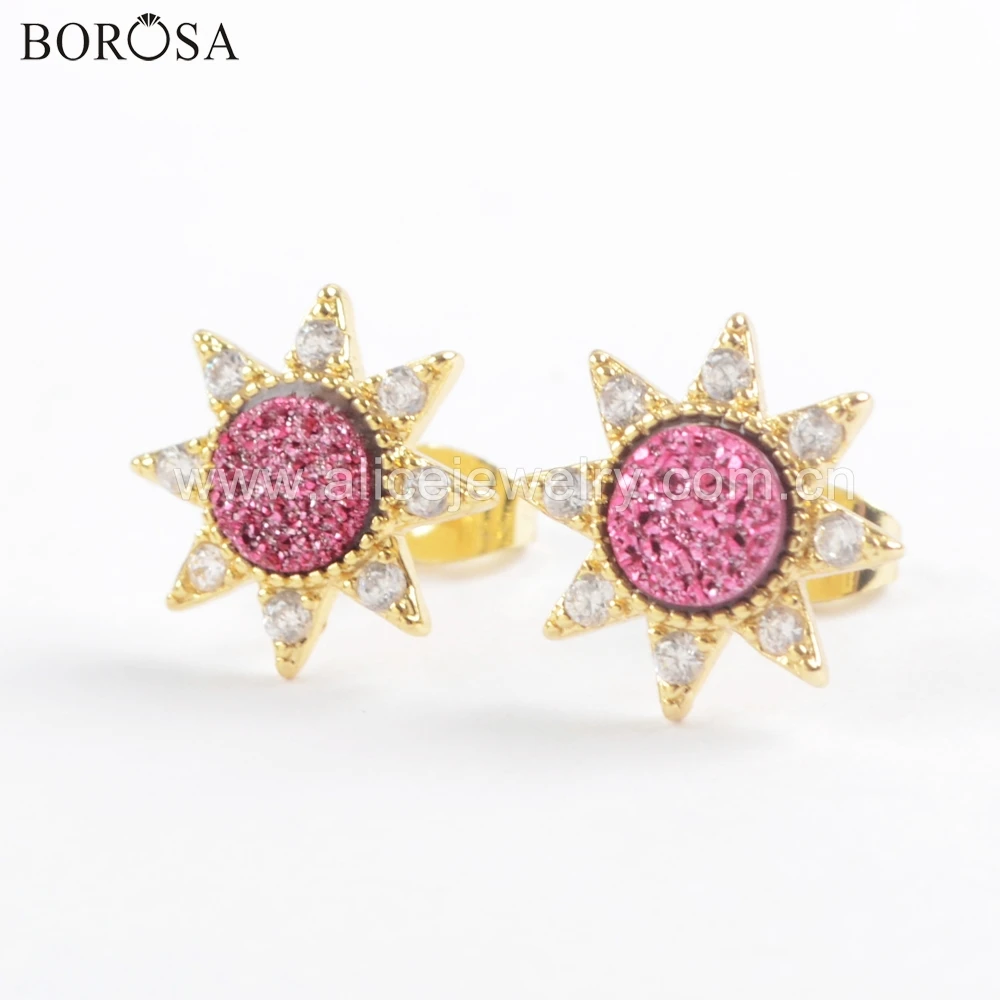 BOROSA 5 пар Оптовая Продажа гексаграммы Агаты друзы серьги гвоздики натуральные Drusy