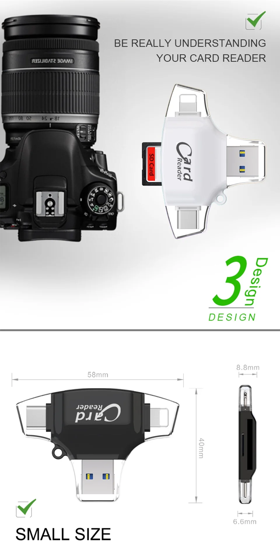 4 в 1 SD TF кард-ридер iOS type-C USB2.0 Android мульти-система совместимый адаптер портативный считыватель карт для iPhone samsung iPad