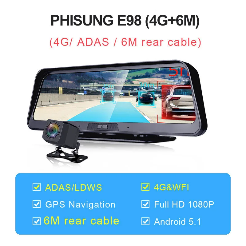 E98-4G-6M Phisung 10" Streaming 4G adas dash cam with Android auto camera dual car camera with gps dvr wifi car camera full hd registrator - Название цвета: E98-4G-6M