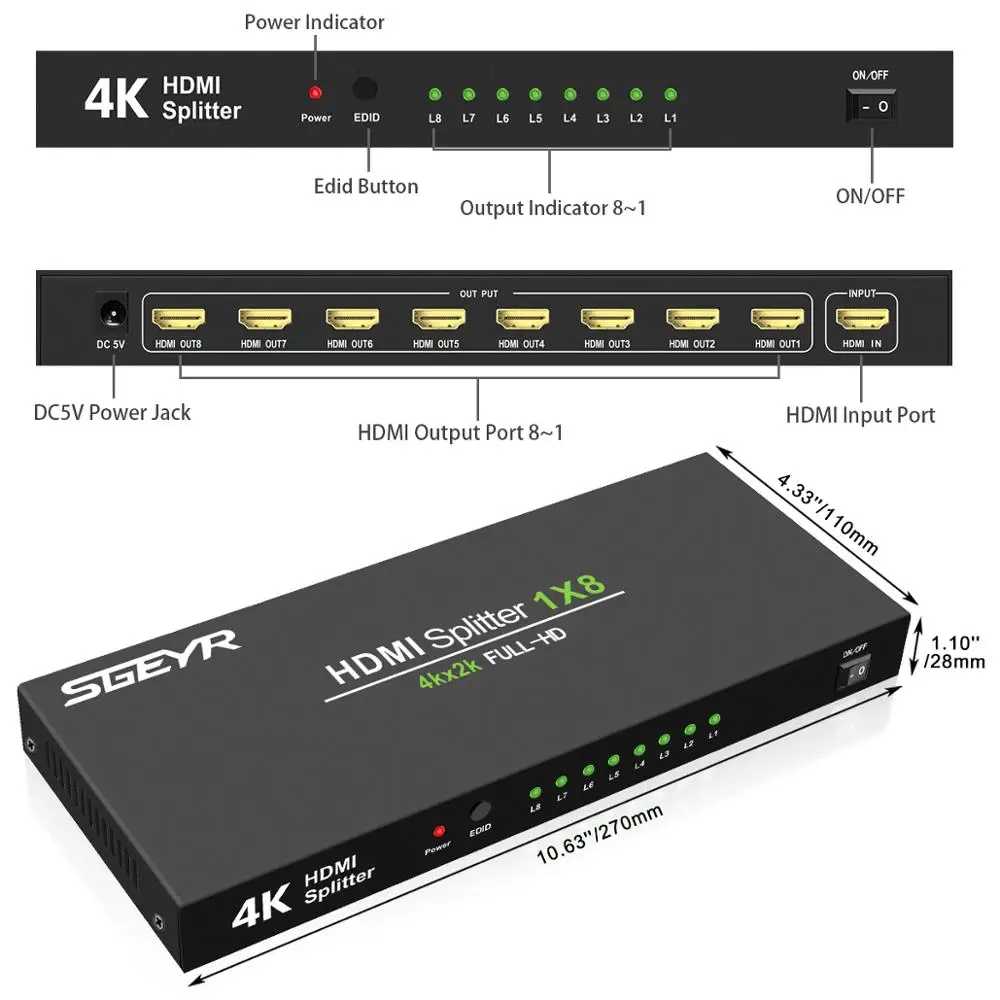 1x8 Питание V1.4 Сертифицированный HDMI сплиттер 1 в 8 выход с Full Ultra HD 4 K/2K@ 30 Гц и 3D разрешением-1 источник на 8 дисплеев