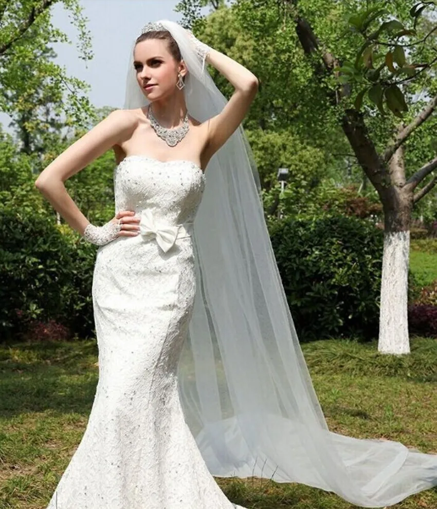 Горячие Продажи Дешевых Леди Свадебная Фата Мантилья Собор Лонг Поезд Люкс