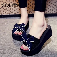 xmistuo summer womens wedges sandals slippers with bow slides outside 7 2cm high heels beach female slippers 4 color 7140w
