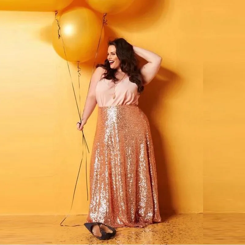 

Plus Size Long Sequins Skirt Champagne Gold Shining Sequined Maxi Skirt for Women Custom Made Any Size Formal Party Gown