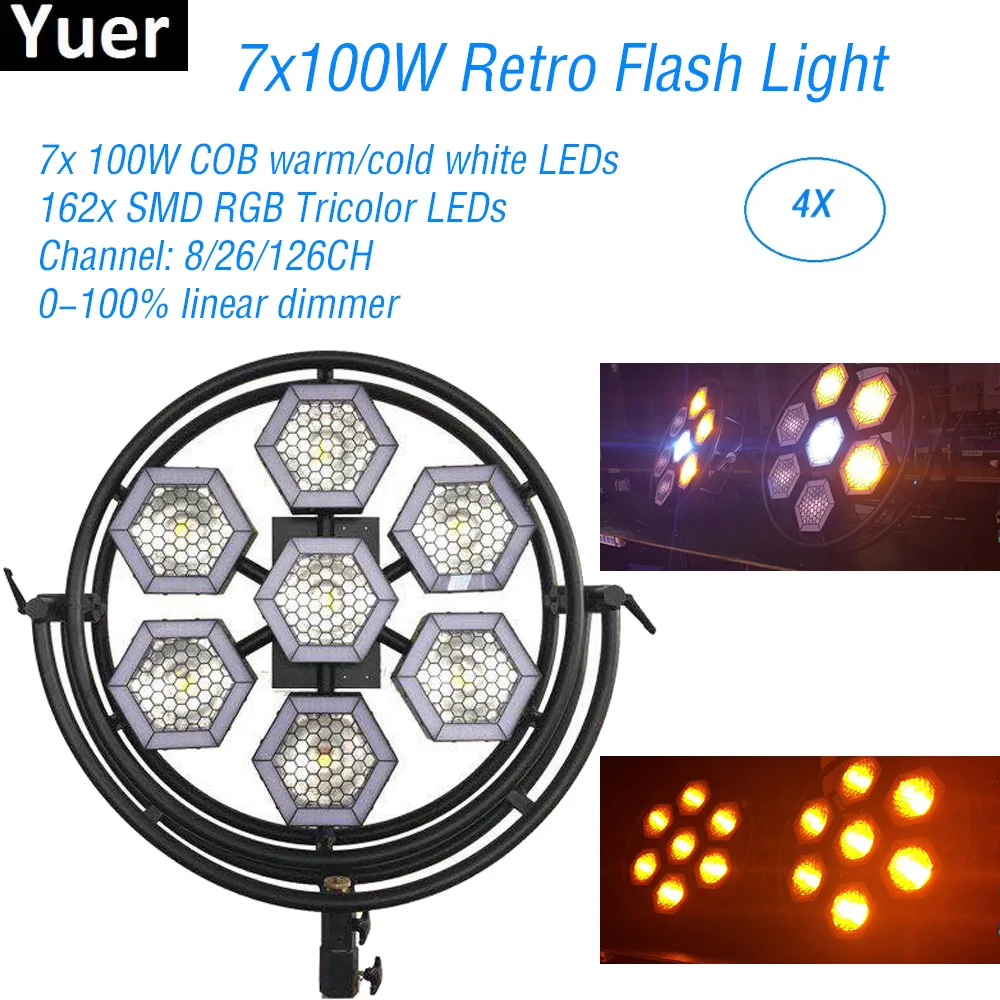 4Pcs/Lot 7*100W COB warm/cold white LEDs Retro Flash Light DMX 512 Sound DJ Equipment Disco Party Stage Flash Strobe Lights