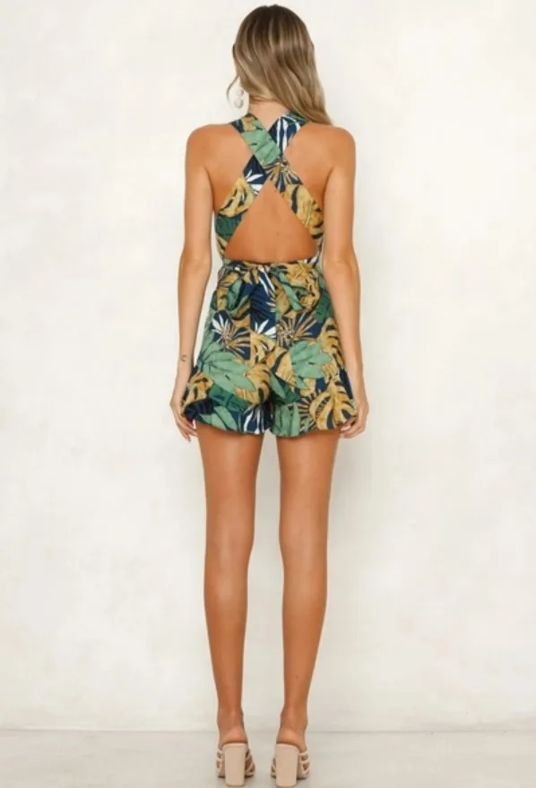 women summer sleeveless deep v neck floral sexy jumpsuit playsuit V collar back cross strap print | Женская одежда
