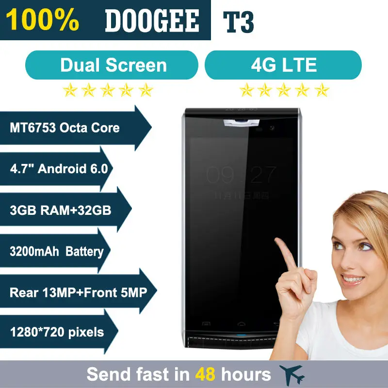 Doogee T3 мобильных телефонов 3 ГБ 32 HD Dual экран 4 7 &quot+ 0 96&quot MTK6753 Octa Core Android 6 13MP 3200 мАч