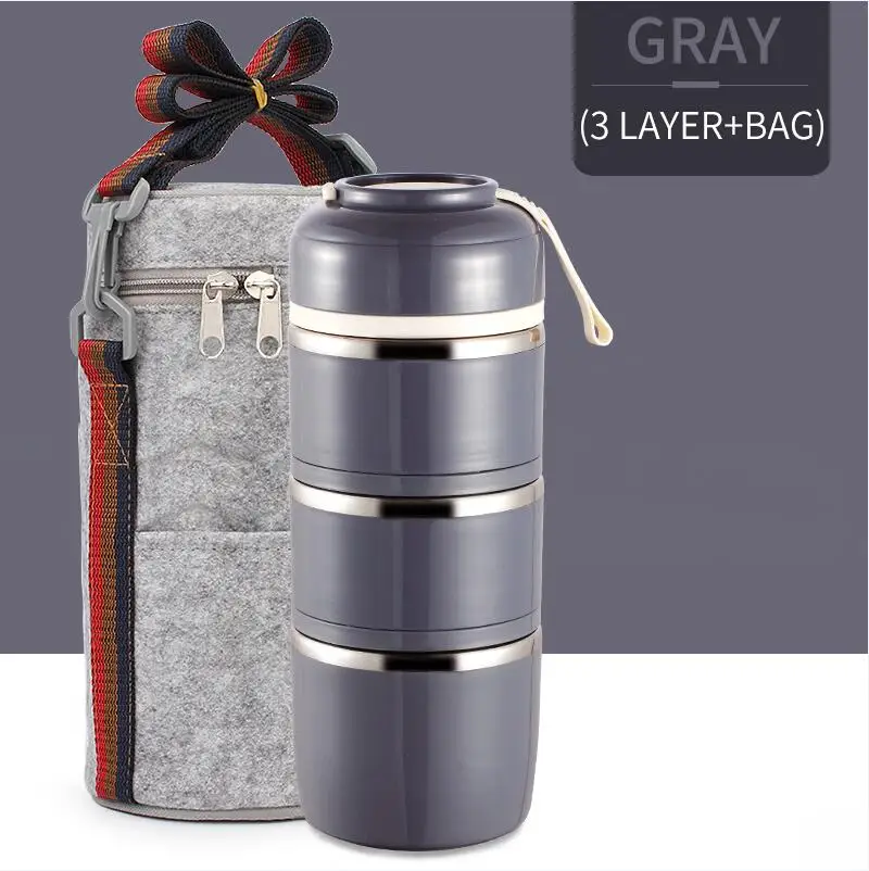Gray 3 With Bag Герметичный Ланч-бокс из нержавеющей стали милый японский термо-бокс для детей портативный контейнер для еды для пикника и школы столовая посуда - Цвет: Gray 3 With Bag