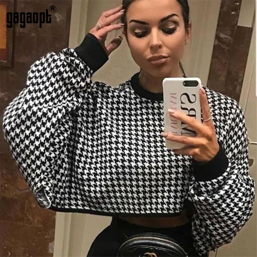Gagaopt, осенне-зимняя клетчатая толстовка, женская мода, кроп-топы, повседневные толстовки с длинным рукавом, черная толстовка с открытыми плечами, sudader
