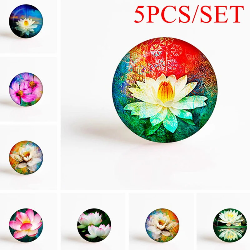 

5PCS/SET Lotus Flower Photo Glass Cabochon 25MM DIY Personality Pendant Jewelry Supply Craft Supplies