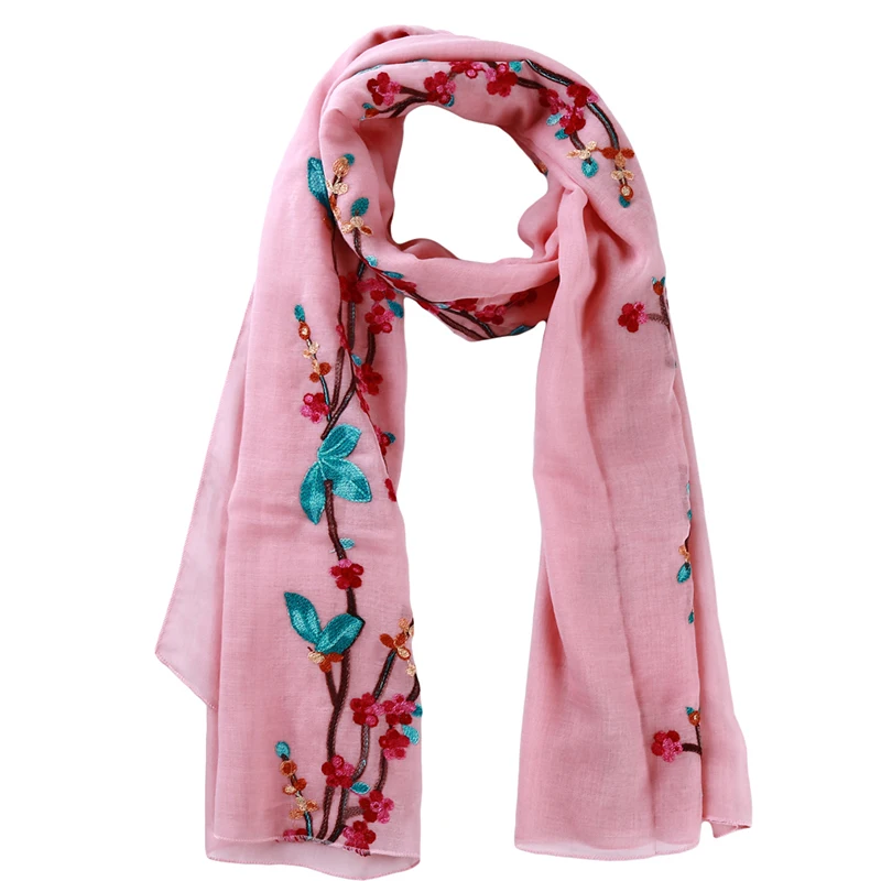 

Summer Fashion Long Embroidered Viscose Scarf 2020 Women Plain Cotton Scarves Shawl Flower Embroidery Muslim Hijab
