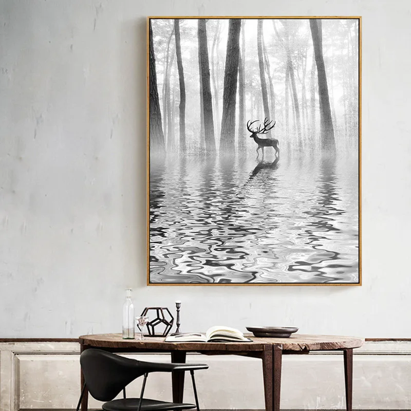 Абстрактная черно белая Картина на холсте с оленем в лесу скандинавский постер