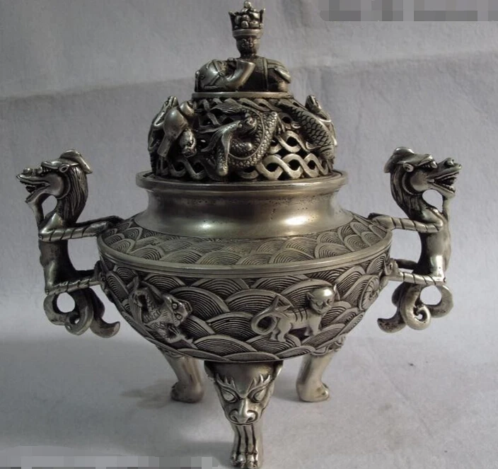 59 + 9 Тибет бронзовый серебряный Дракон foo собака слон зверь курильница курильница|burner steel|incenseburner set |