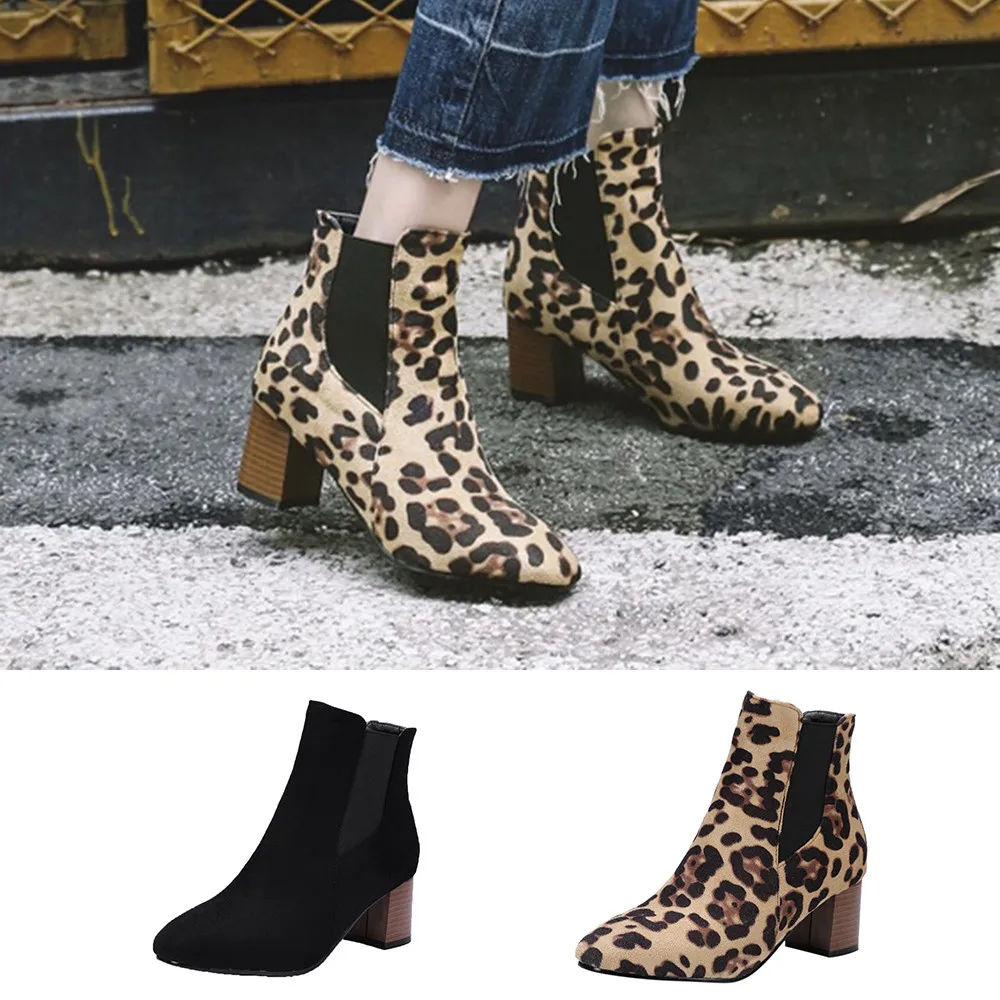 SAGACE hot women boots New Fashion Leopard-Printed Short Plush Winter Warm Shoes High-Heeled Slip-On Ankle Boot mujer#35