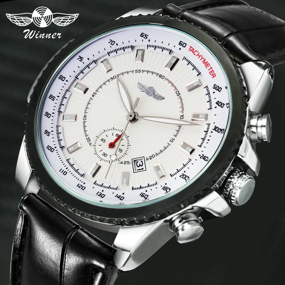 Мужские автоматические механические часы WINNER черный кожаный ремешок белый