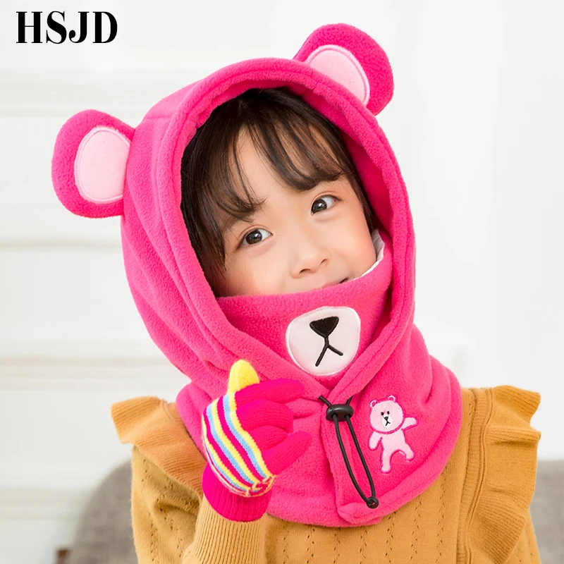 Милые Детские Зимние Лыжные шапки с маской изображением медведя теплые Флисовые